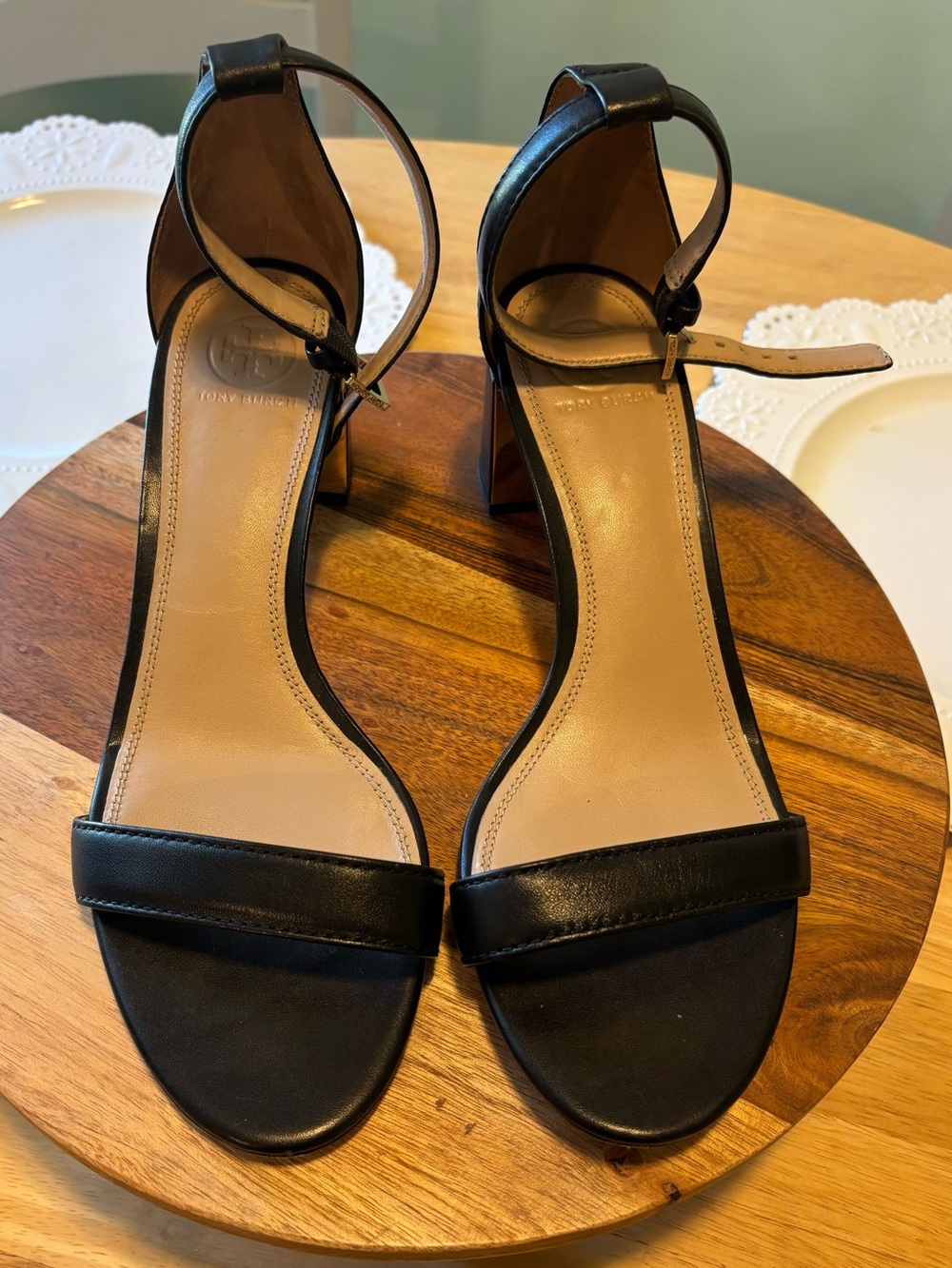 Tory Burch Black Leather Ankle-Strap Block Heels